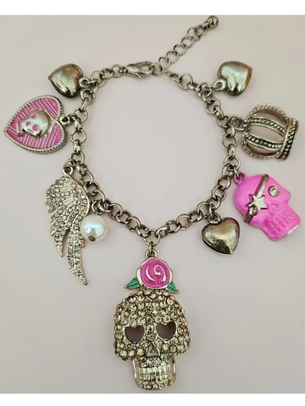 Betsey Johnson Crystal Skull Charm Bracelet Pink Rose Wing Heart w Box